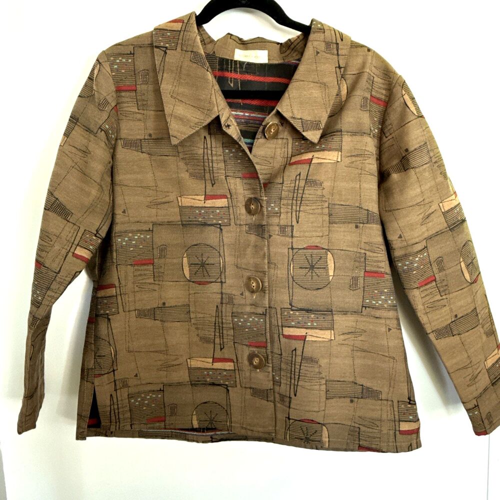 Women’s Allie Coosh Designer Jacket Brown Geometric Print Textured Size?* Petite